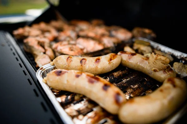 Selective Focus Tasty Sausages Grilled Strips Grill Cooking Concept Delicious — ストック写真