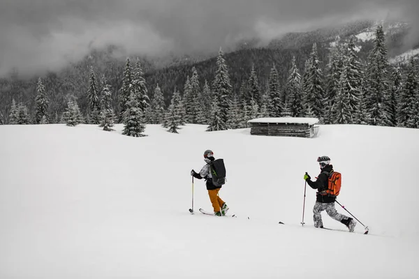 Male Skiers Skiers Hiking Equipment Walking Deep Snow Snow Capped — Zdjęcie stockowe