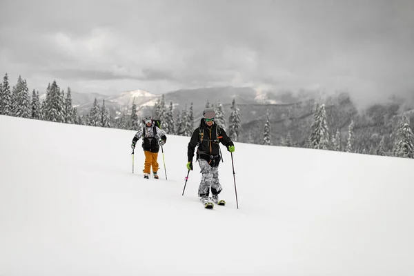 Два Активных Лыжника Рюкзаками Лыжах Заснеженные Горы Деревья Заднем Плане — стоковое фото