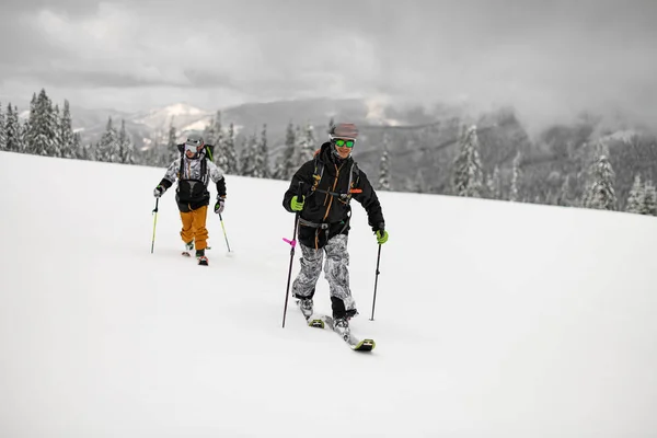 Two Guys Skiers Backpacks Walking Ski Snow Capped Mountains Trees — ストック写真