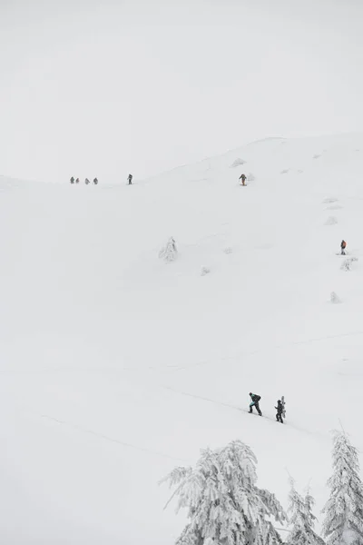 Magnificent View Snow Covered Winter Mountain Slope Which Skiers Climbing — Zdjęcie stockowe