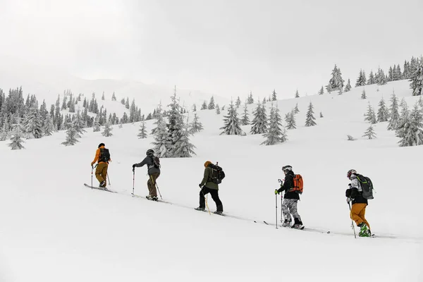 Side View Group Male Skiers Backpacks Hiking Skis Deep Snow — Zdjęcie stockowe
