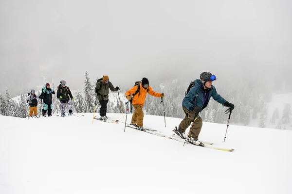 Group Skiers Backpacks Hiking Skis Deep Snow Cold Winter Day — Zdjęcie stockowe