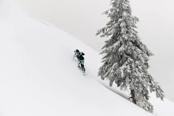 Active Male Snowboarder Skilfully Fast Sliding Snow Covered Slope Fir — Stock Photo, Image