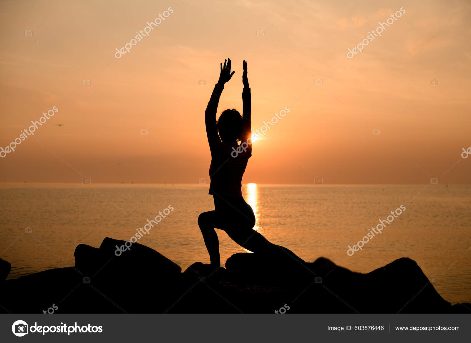 Silhouette Woman Practicing Yoga Pilates Sunset Sunrise Doing