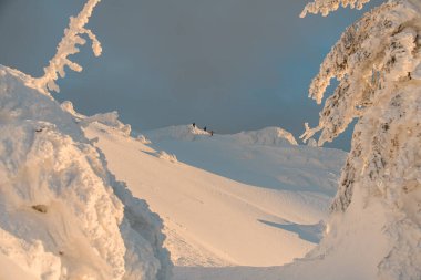 Winter snow covered mountain peaks winter Carpathian mountains. Great place for winter sports. Freeride skiing concept