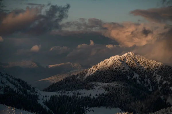 great picturesque landscape scene view of sky and grey clouds and winter mountain landscape with snow covered evergreen trees