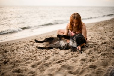 pretty young woman has fun and plays with her shaggy dog on the sandy shore of the beach near the water