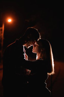 Çekici, genç bir çiftin flört edip birbirlerine bakmalarının güzel karanlık yüzü. Romantik çift. Aşk hikayesi..