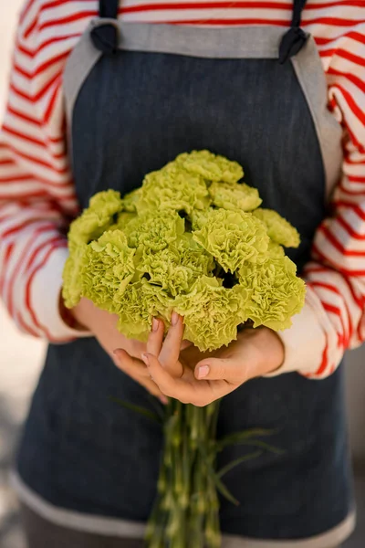 女性の手に新鮮な緑のカーネーションの花の花束のクローズアップ 素晴らしい美しく珍しい花束 — ストック写真