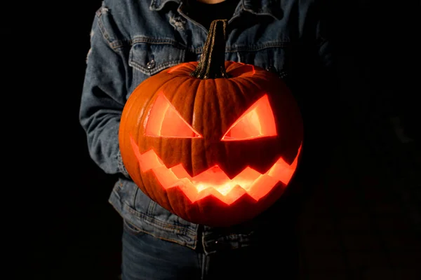 Close Halloween Pumpkin Carved Face Burning Mouth Eyes Female Hands — Stock Photo, Image