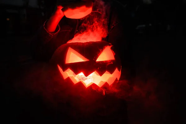 Close Magnificent Halloween Pumpkin Carved Face Burning Smoking Mouth Eyes — Stock Photo, Image