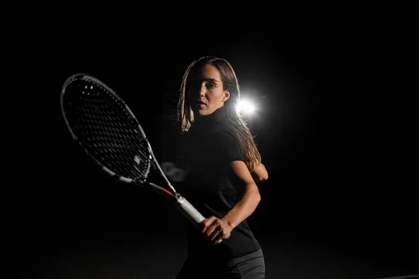 Vackert Porträtt Aktiv Kvinna Kvinnlig Tennisspelare Med Racket Redo Att — Stockfoto