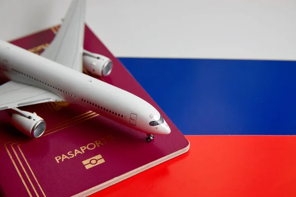 A miniature airplane, a passport of the European community on the colors of the flag of Russia