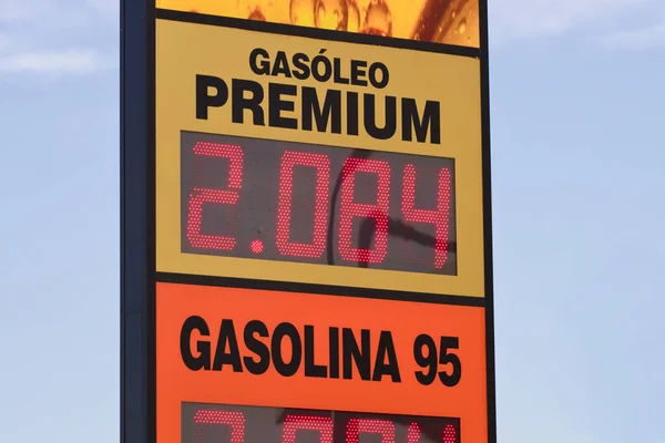 Detail of the sign of a gas station where fuel prices are read for cars that use premium diesel (diesel) or gasoline 95