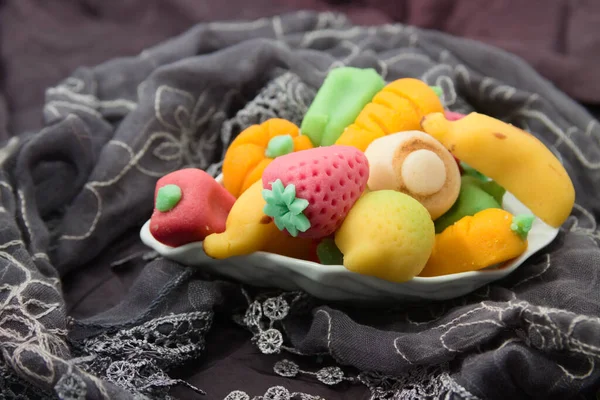 Close Plate Fruit Shaped Marzipan Figures Wrapped Handkerchief Typical Gift — Stok fotoğraf