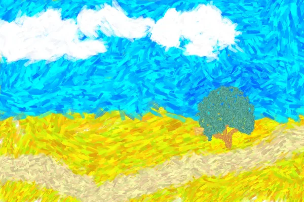 Digital creation of an impressionist-style landscape of a field crossed by a path that leads to a leafy tree with a blue sky with some white clouds