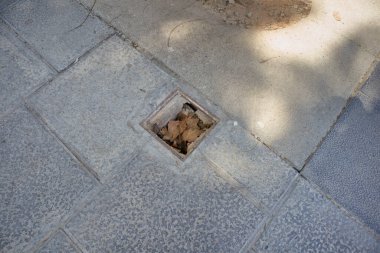 Bir şehrin kaldırımında kötü korunmuş ya da kırılmış bir tuzak görüntüsü.