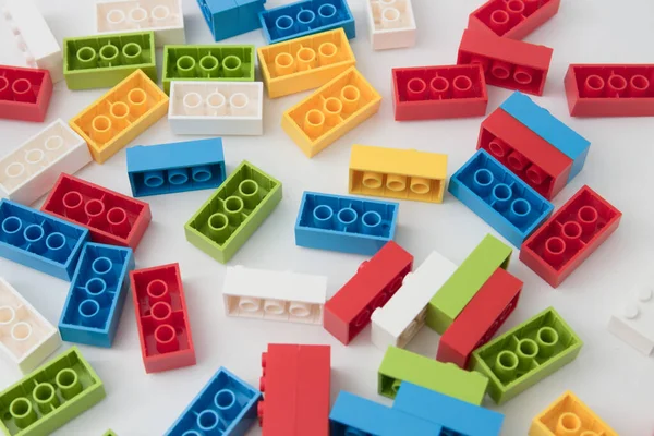 Flat Lay Table Which Many Building Blocks Assorted Colors Made — Stock Photo, Image