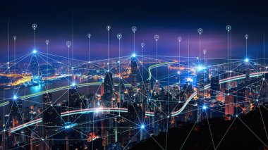 Akıllı bağlantı ağ sistemi, akıllı şehir ağı konsepti, 5G kablosuz bağlantı.