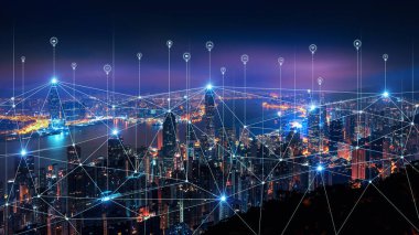 Akıllı bağlantı ağ sistemi, akıllı şehir ağı konsepti, 5G kablosuz bağlantı.