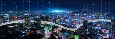Akıllı bağlantı ağ sistemi, akıllı şehir ağı konsepti, 5G kablosuz bağlantı.