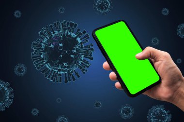 Akıllı telefon ve Covid-19, koronavirüs, arka planda 3 boyutlu virüs..