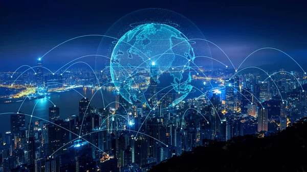 Akıllı bağlantı ağ sistemi, akıllı şehir ağı konsepti, 5G kablosuz bağlantı.