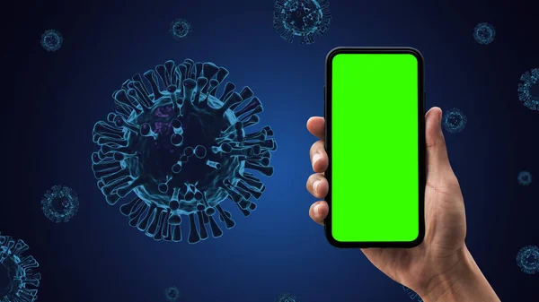 Handhaltendes Smartphone Und Covid Coronavirus Viren Rendering Hintergrund — Stockfoto