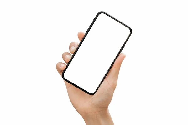 Smartphone Main Mâle Avec Écran Vide Isolé Sur Fond Blanc — Photo