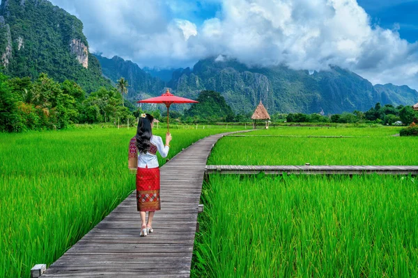Vang Vieng, Laos yeşil pirinç alan ahşap yolda yürüyen genç kadın.