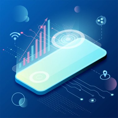 Cep telefonu simgesi ve parlaklık efektiyle gelecekteki teknoloji vektör çizimi.