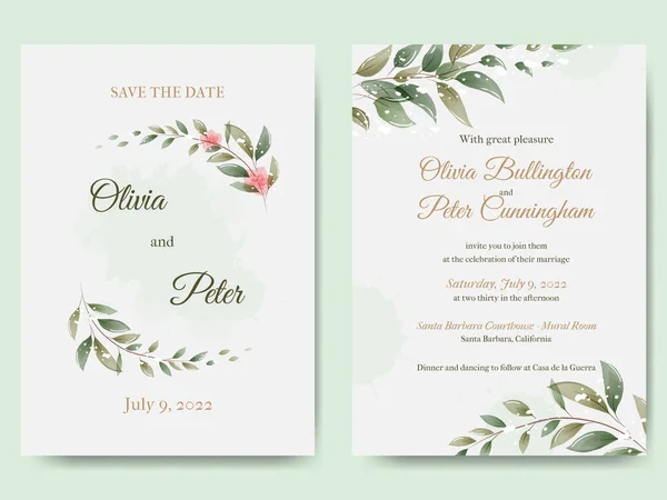 Bröllopsinbjudan Mall Med Gröna Blad Och Blommor Vektorillustration Akvarell Bakgrundsutformning — Stock vektor