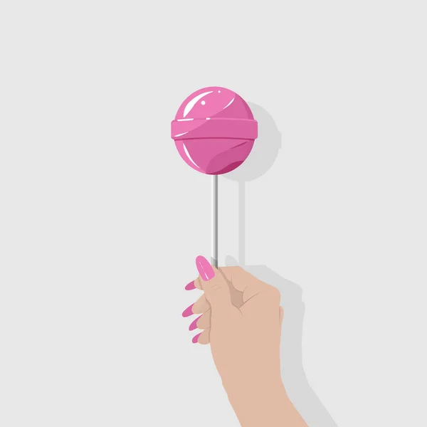 手拿着糖棒棒糖 用糖果 矢量设计元素作女性手的平面图解 矢量插图孤立的卡通风格 — 图库矢量图片