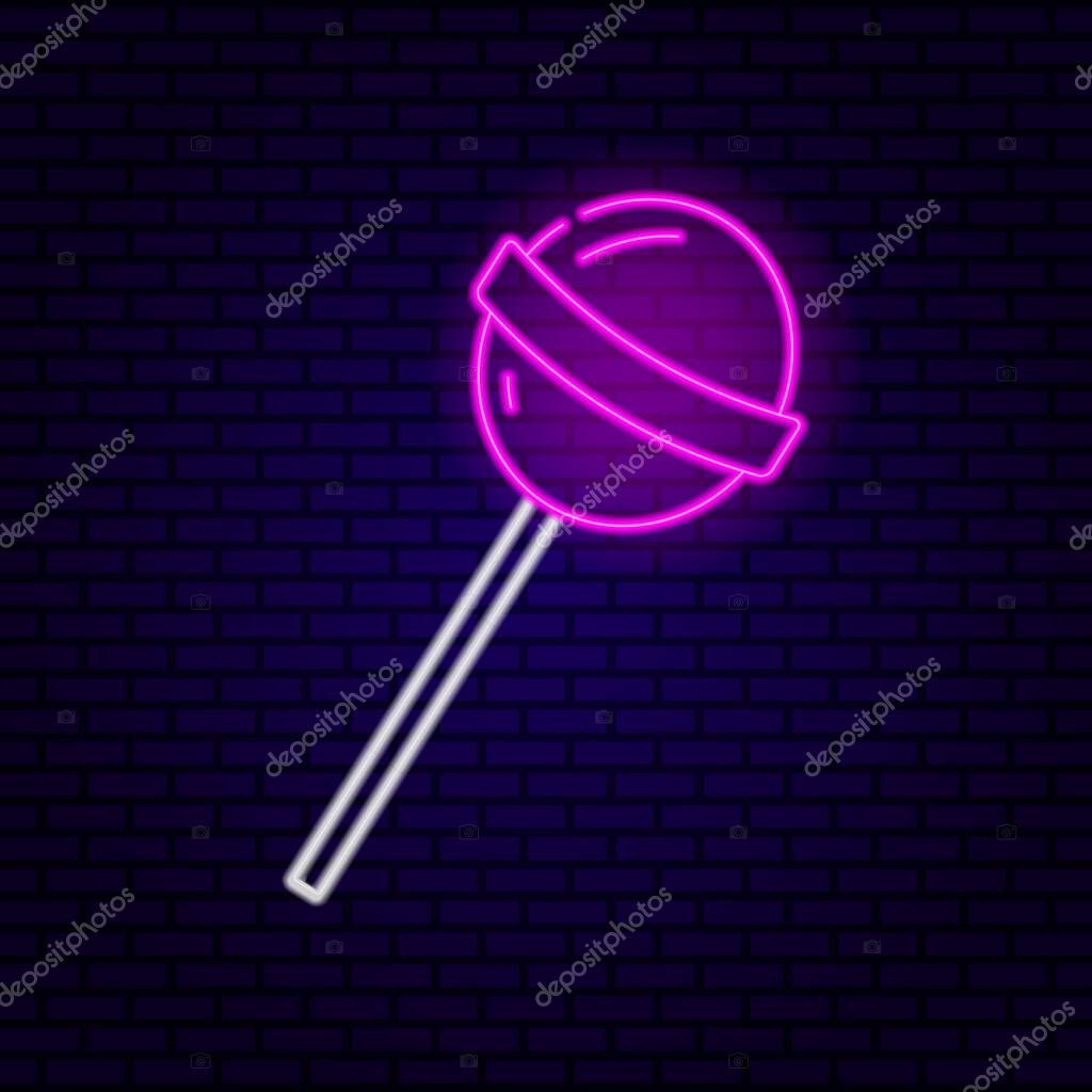 Neon lollipop icon on dark background. Sweets, candies, girly logo concept, banner. Vector illustration.