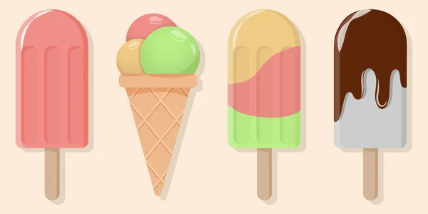 Ice Cream Different Flavors Stick Ice Cream Balls Waffle Cup — Διανυσματικό Αρχείο