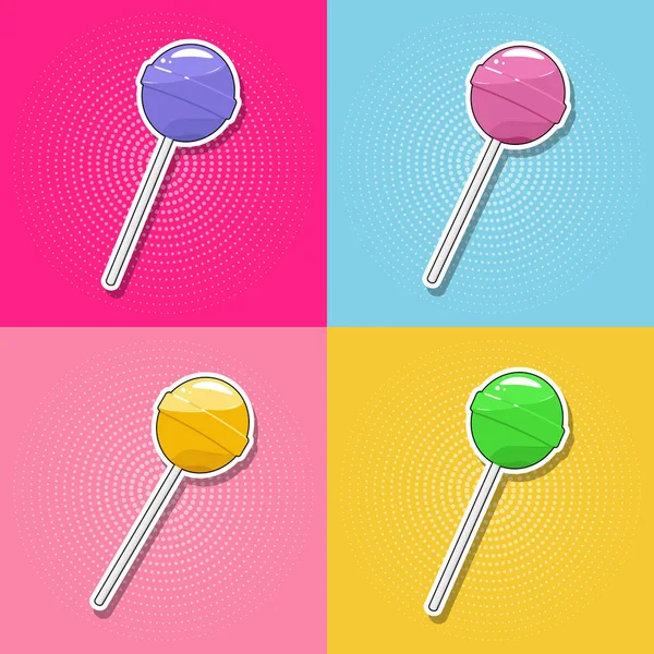 Lollipops Set Colorful Stickers Featuring Sweet Lollipops Colorful Background Candies — Stok Vektör