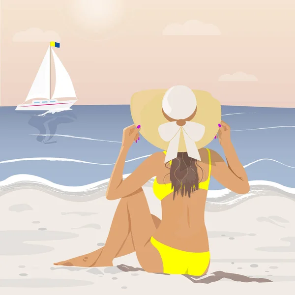 ビーチの女の子 黄色の水着と海の背景に帽子の魅力的な女の子 ベクトル平図 — ストックベクタ