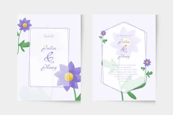 Jednoduchá Svatební Šablona Pozvánky Fialovou Květinovou Akvarelovou Ozdobou — Stockový vektor