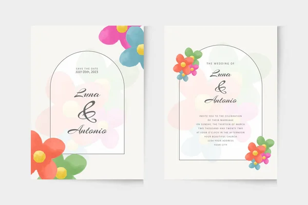 Plantilla Invitación Boda Simple Con Adorno Acuarela Floral Colorido — Vector de stock