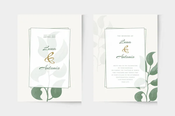 Einfache Hochzeitseinladungsvorlage Mit Grünem Pflanzenaquarell Ornament — Stockvektor