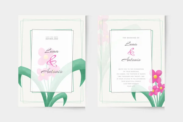 Aquarell Einfache Rosa Blumen Hochzeitseinladungsvorlage — Stockvektor