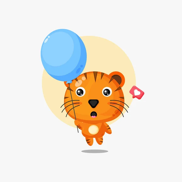 Netter Tiger Der Mit Luftballon Illustration Schwebt — Stockvektor