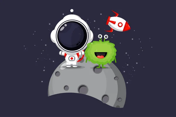 Illustration Von Niedlichen Astronauten Und Außerirdischen Auf Dem Mond — Stockvektor