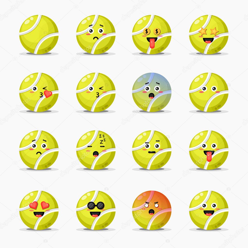 Set of cute tennis ball with expressions