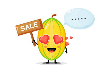 Üzerinde satış tabelası olan sevimli bir yıldız meyve maskotu.