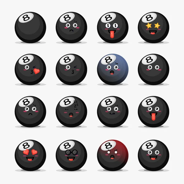 Set Van Schattige Biljartbal Met Emoticons — Stockvector