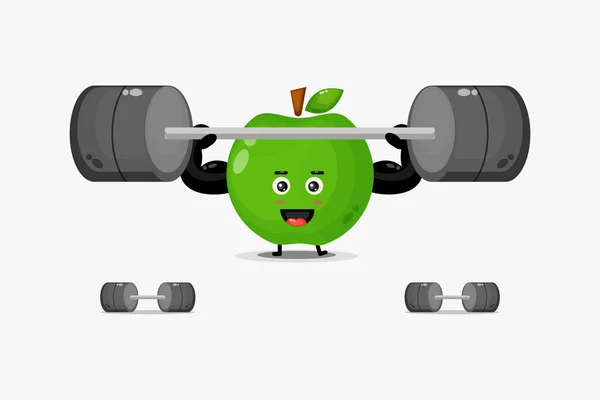 Cute Zielone Jabłko Maskotka Podnoszenie Sztangi — Wektor stockowy