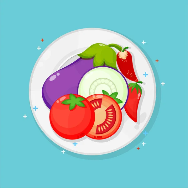 Eggplant Tomatoe Red Chilies Plate — Stock Vector