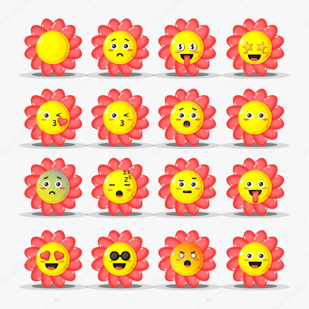 Set of cute flower with emoticons